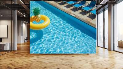 Empty, rectangular blue swimming pool sunbeds and umbrellas, large inflatable yellow pineapple floating tube. Perfect for a real estate rental or a luxurious chill-out summer vacation at a resort Wall mural