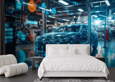 EV electric vehicle technology industry concept, futuristic virtual graphic touch user interface on screen with auto repair garage blurred on background Wall mural