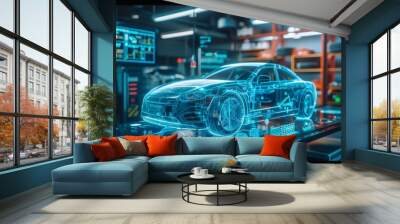 EV electric vehicle technology industry concept, futuristic virtual graphic touch user interface on screen with auto repair garage blurred on background Wall mural