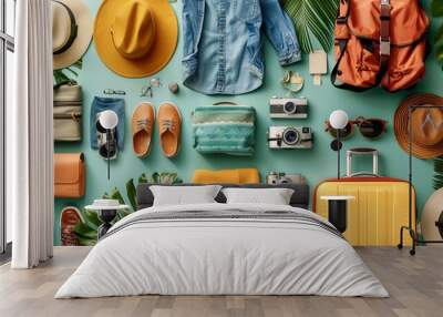 Flat lay of clothing items meticulously packed in luggage for a summer holiday vacation Wall mural