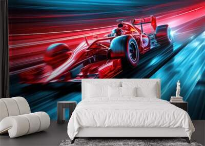 Formula One f1. Abstract vector 3d f 1 bolide racecar on speedway. Fast motion. Finish line. Success in competition, race winner, business win concept. Auto sport, fast automobile symbol Wall mural