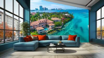 From Paradise Island, an aerial perspective showcases Harborside Villas along Nassau Harbour, with Nassau's cityscape in the distance, in the Bahamas Wall mural