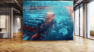 Futuristic cargo container ships utilize technology for global logistics, employing world maps and supply chain networks for container export-import Wall mural