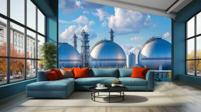 Gas storage tanks and a sprawling oil refinery plant dominate the industrial landscape, showcasing the scale and infrastructure of the petroleum industry Wall mural