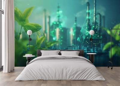 Green industry concept with factory and leaves in futuristic glowing low polygonal style on blue Wall mural