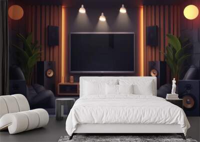 Home theater realistic interior template with tv amplifier and acoustic speakers vector illustration Wall mural