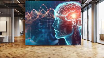 Human head and brain. Different kind of waveforms produced by brain activity shown on background. Digital illustration Wall mural