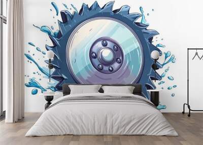 Icon of a saw blade in a comic style. Circular machine illustration in cartoon vector, on a white background, with a rotary disc and splash effect, representing a business concept Wall mural