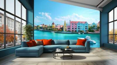 In Nassau, Bahamas, a serene summer day scene features a boat, the ocean, colorful houses, and a hotel Wall mural