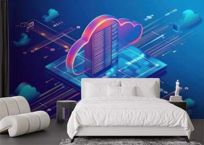 Isometric cloud storage for downloading, representing a digital service or application facilitating data transmission. It embodies network computing technologies, showcasing a futuristic server Wall mural