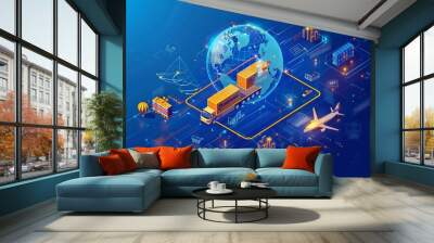 Isometric global logistics network is depicted, highlighting fast delivery, online shopping, internet payments, and protection for money transfer Wall mural