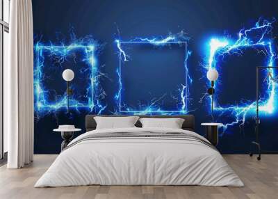 Lightning frames, blue electric borders of rectangular and square shapes with thunder bolt effect. Isolated photo frames with thunderbolt impact, magical energy flash, realistic 3D vector bolts set Wall mural