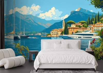 Mediterranean romantic landscape with sea, yachts and mountains in the background. Handmade drawing vector illustration Wall mural