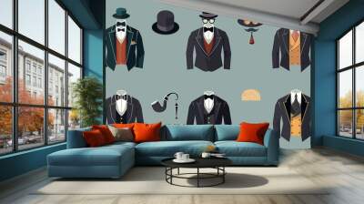 Men's jackets illustrated as a vector, featuring a tuxedo with mustaches, glasses, a beard, a pipe, and a top hat. Includes wedding suits with a bow tie and a necktie Wall mural