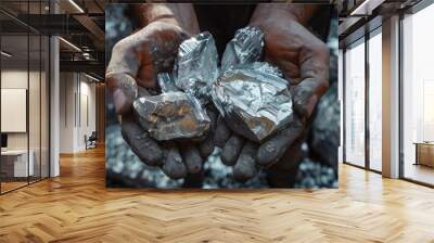 Miners are depicted holding platinum or silver or rare earth minerals found in a mine for inspection, emphasizing the discovery and evaluation process in mining Wall mural