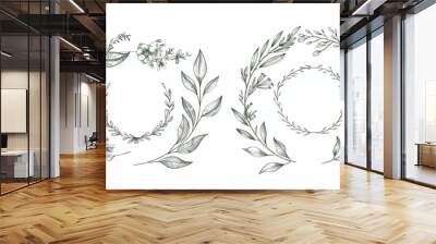 Minimalistic botanical wedding frame elements, including wreaths, flowers, and leaf branches in a hand-drawn pattern, set against a white background Wall mural