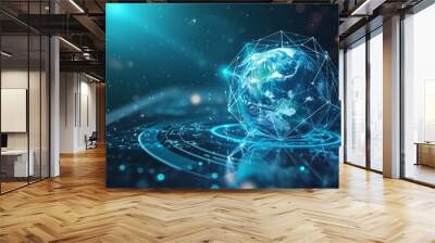 Mobile global internet communications. World wide web on phone via wireless satellite network technology. Smartphone digital connection at clouds services of all earth. Holographic abstract interface Wall mural