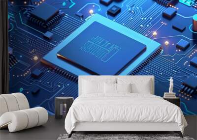 Monochrome electronic CPU digital chip, processor and electronic components on a motherboard or circuit board, microchip or microprocessor, hardware engineering, AI, and blockchain technology Wall mural