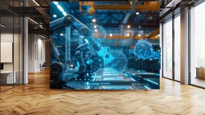 Neural network or artificial intelligence in industry 4.0. Robotic arms creates neural network on podium in virtual reality. Industrial revolution. Concept of futuristic industry technology Wall mural