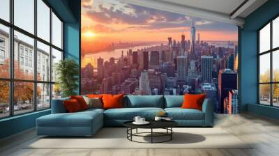 New York City panorama skyline at sunrise. Manhattan office buildings : skysrcapers at the morning. New York City panoramatic shot Wall mural