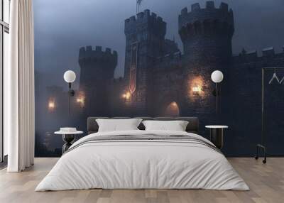 Nighttime scene of an old medieval castle, with creative decor set against a foggy backdrop for dramatic effect Wall mural