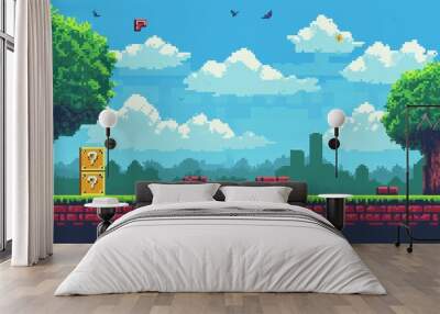 Pixel art game background with button level up. Game design concept in retro style. Vector illustration. Game screen pixel Wall mural