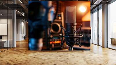 Podcast studio with soundproofing for youtube channels starting to make podcasts for most popular videos. Podcast media studio for broadcasting audio. Podcasting microphone speech or interview Wall mural