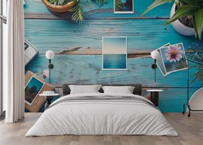 Polaroid Frames Mockup on Wooden Table Wall mural