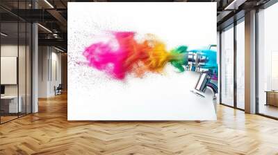 professional chrome metal airbrush acrylic color paint gun tool with colorful rainbow spray holi powder cloud explosion isolated on white panorama background industry art scale model modelling concept Wall mural