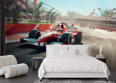 Racer on a racing car passes the track. Motion blur background. 3D rendering Wall mural