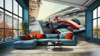 Racer on a racing car passes the track. Motion blur background. 3D rendering Wall mural