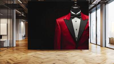 Red tailored suit, tuxedo displayed on a mannequin, isolated against a black background Wall mural