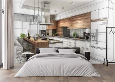 Stylish kitchen interior with modern furniture. Combination of photo and sketch Wall mural