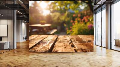 Summer time in backyard garden with grill BBQ, wooden table, blurred background Wall mural