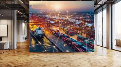 The concept of smart logistics and warehouse technology, featuring real-time data location tracking of freight shipment delivery, with a container ship at port Wall mural