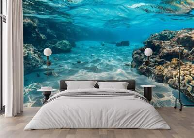 The tropical blue ocean of Hawaii is showcased with white sand and underwater stones, creating a serene ocean background Wall mural