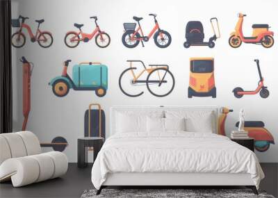 Transportation for food delivery service, icon set of bike, bicycle, kick scooter, and longboard. Electric transport icons for rental service. Isolated vector illustration Wall mural