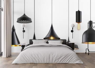 Vector illustration of metal pendant lamp shades in various shapes and sizes, all in black color. The lamps are isolated on a white background Wall mural