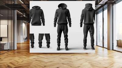 Vector mockup of black sportswear for men, including a hoodie and trousers, suitable for athletic wear Wall mural