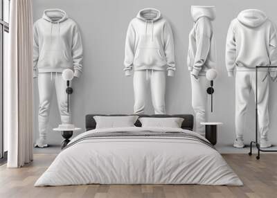 Vector templates of a white hooded sweatshirt paired with sports trousers, representing active sportswear Wall mural