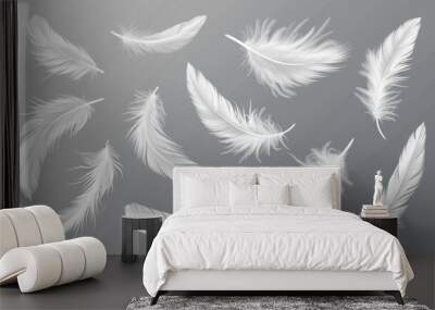 Vector white feathers collection, set of different falling fluffy twirled feathers, isolated on transparent background. Realistic style, vector 3d illustration Wall mural