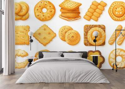 Wheat biscuit icons set, showing breakfast snacks and crackers in a flat cartoon style, with a collection of cookies in various shapes viewed from the top, isolated on a white background Wall mural