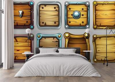 Wooden buttons framed with gold and silver for game UI design, presented as a vector cartoon set of blank rectangle buttons with a wood texture Wall mural