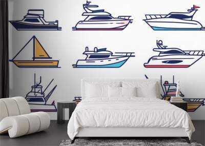 Yacht, icon set. yachts motor boats, linear icons. Boat Icon Vector Illustration. Thin line style vector. White background Wall mural