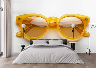 Yellow sunglasses presented in isolation against a white background Wall mural