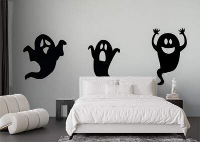 Table top view aerial image of decoration Happy Halloween day background concept.Flat lay accessories essential object to party the black ghost on rustic white stone.Space for creative design text. Wall mural