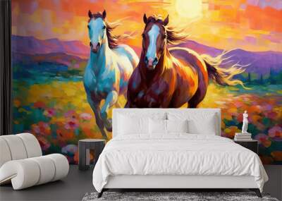 A pair of horses in love run towards the sun across a colorful field of flowers. Oil painting in the style of impressionism. Generative AI. Wall mural