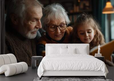 Grandfather, grandmother and granddaughter are enthusiastically reading a book of fairy tales in a cozy living room. Wall mural