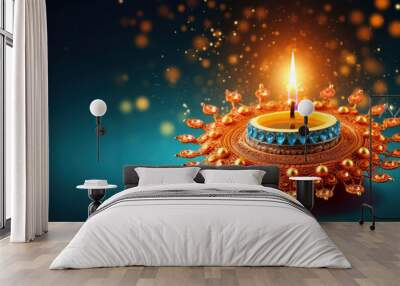 Happy Diwali Indian Deepavali Hindu festival of lights holiday greeting card template. Generative AI. Wall mural