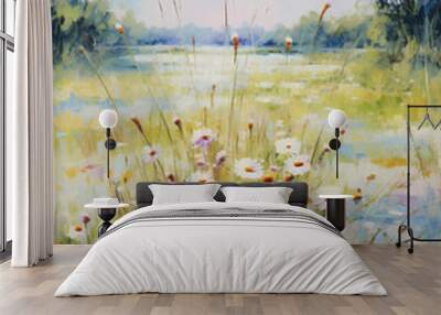 Landscape with beautiful wildflowers. Oil painting in impressionism style. Vertical composition. Wall mural